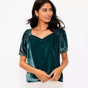 Loft | Velvet Puff Sleeve Top, Deep Spruce Green